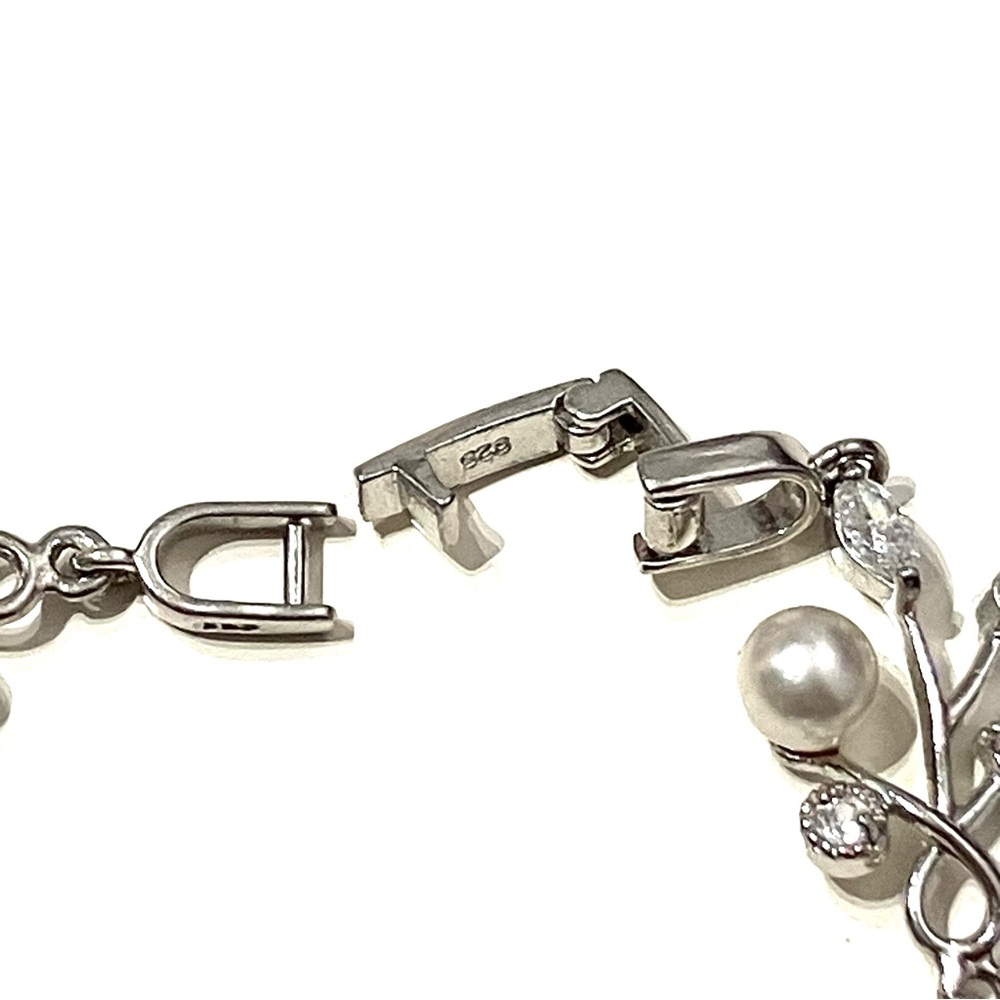 Sterling Silver 925 CZ Faux Pearl Clusters Vines Bracelet 6” - Picture 5 of 8